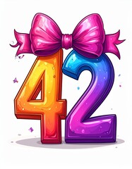 Number 42 wrapped with a festive ribbon on a white background. Image for birthday or anniversary party