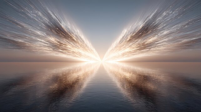 Radiant light beams converging over a calm ocean creating a mirrored glow