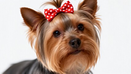 Small dog with red polka dot bow