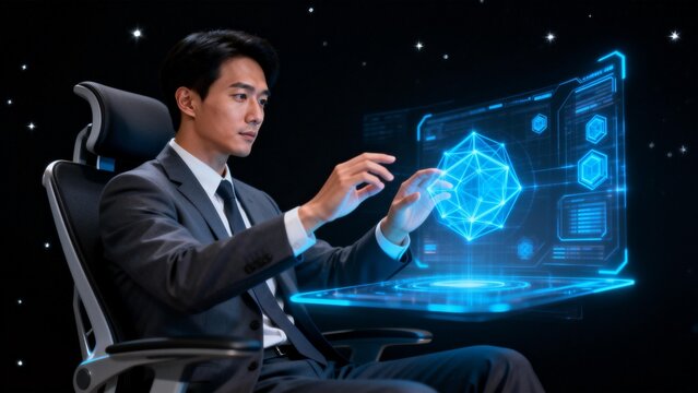 Man in suit interacting with holographic display - Powered by Adobe