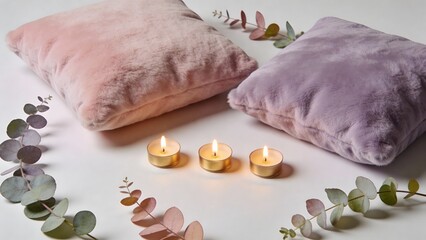 Soft pillows and lit candles on white surface