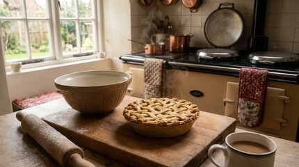 Freshly baked lattice crust pie on a wooden cutting board, with a mixing bowl and rolling pin. Traditional kitchen setting with steam rising from the oven and a window view. British Pie Week