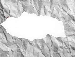 Crumpled white paper with torn edges and large ripped hole in center, revealing transparent background, perfect for creative or dramatic design concepts