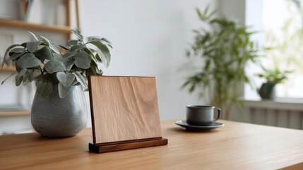 Wooden table with a vase of eucalyptus leaves on the left side and a black coffee cup and saucer on the right side. in the center of the table, there is a wooden board with a smooth surface.