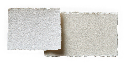Two textured paper sheets with rough torn edges overlap on transparent background, creating rustic and artistic look suitable for design or craft projects