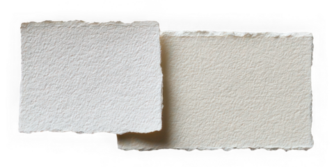 Two textured paper sheets with rough torn edges overlap on transparent background, creating rustic and artistic look suitable for design or craft projects