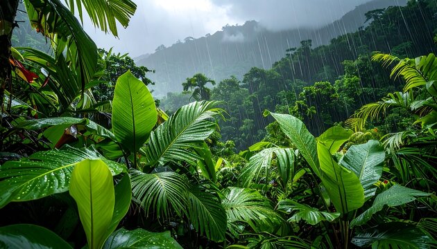 Lush rainforest scene featuring dense foliage, rain, and rolling hills under a cloudy sky