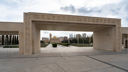 Mərkəzi Park (Central Park ) in Baku, with the Taza Pir mosque and the flame towers in the background Azerbaijan