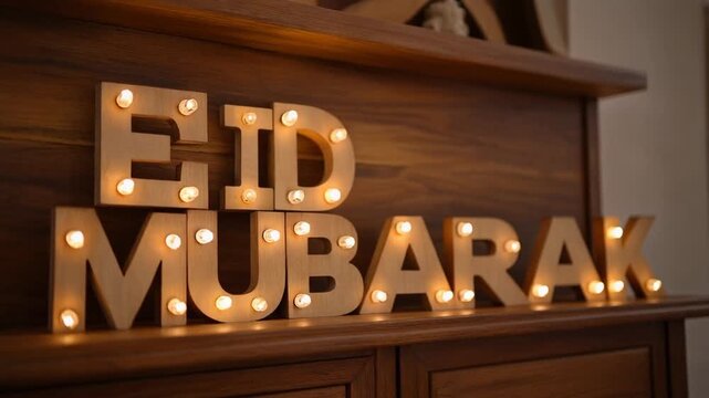 Wooden Marquee Letter Set. Islamic Culture &ndash; Eid Mubarak. A warm, rustic shot of a sideboard or mantelpiece, large wooden marquee letters fitted with small, warm incandescent bulbs.
