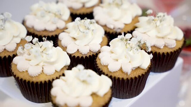 A row of vanilla cupcakes with fresh cream frosting and small white flowers are displayed. These sweet treats are perfect for a wedding dessert or birthday party.