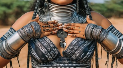Woman wears traditional jewelry and body art in a desert landscape during daylight for cultural celebration