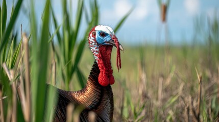 Wild turkey stands in tall grass under bright sky during daylight hours in a natural outdoor setting