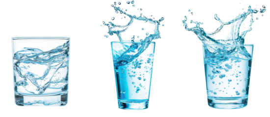 Splashes of Refreshment: A series of vibrant images captures the dynamic essence of water interacting within glass, creating a visually striking representation of purity and refreshment.