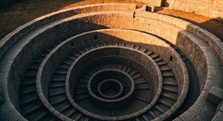 Fototapeta premium Stone spiral staircase descends into a circular well, top-down view bathed in warm light