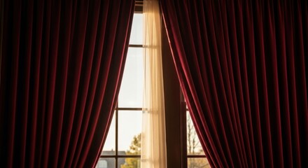 Sunlight streams through a window, framed by rich red velvet drapes and sheer panels