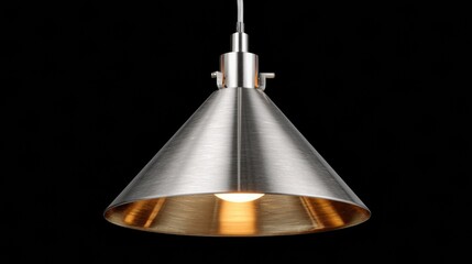 Modern cone-shaped light fixture hanging against a dark background in a contemporary setting