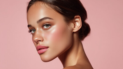 Naklejka premium Clean modern skincare beauty portrait with pastel background and minimal styling. 