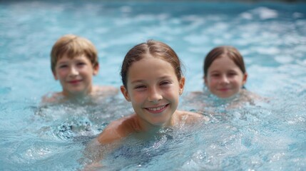 Three young children in a swimming pool. they are all smiling and appear to be enjoying themselves. the water is a bright blue color and there are small bubbles visible around them.
