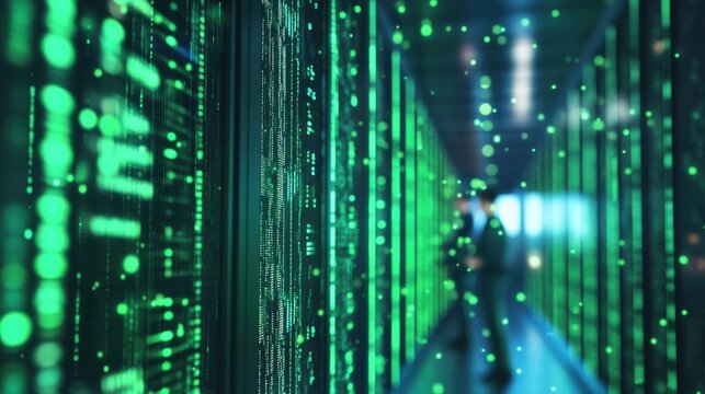 Abstract green technology background of server room with binary code visual - Powered by Adobe