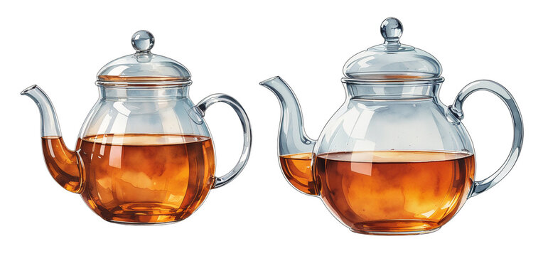 Watercolor Illustration of Transparent Glass Teapots Filled with Hot Black Tea, Elegant Teaware Set Isolated on Transparent Background.