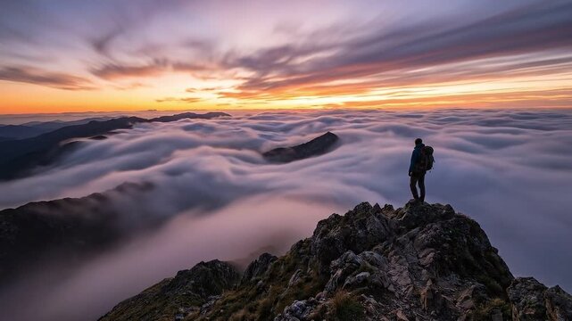 Time Lapse of Man on Mountain Against Cloud Stream