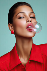 Portr&auml;t einer Frau mit Seifenblase vor dem Mund. Fokus auf Farbe, Transparenz, Lichtreflexion und moderne &Auml;sthetik in klarer, zeitgem&auml;&szlig;er Mode
