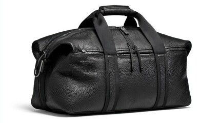 Black leather bag with zippers and handles displayed on a plain background during daylight