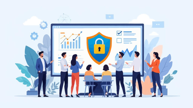 Business security illustration showing data protection, audit checklist, and growth analytics. Flat vector design suitable for cybersecurity, compliance, finance, risk management, and corporate strate