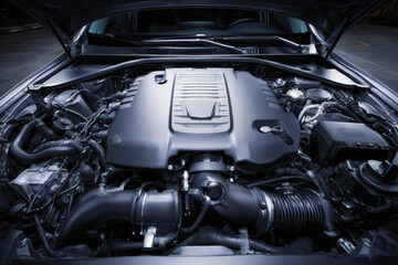 Fototapeta premium Metallic engine compartment of a modern luxury vehicle showcasing detailed mechanical components and advanced engineering design under the open hood