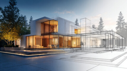 Obraz premium Modern architectural design concept blending realistic home details with digital wireframe lines in a serene dusk setting surrounded by trees and soft lighting