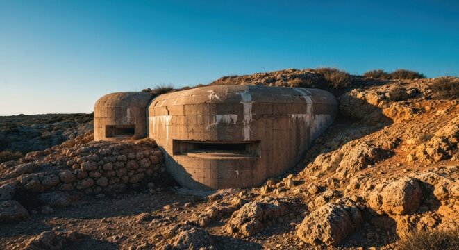 Two concrete bunkers sit atop a rocky hill, against a blue sky. Sunlight illuminates them