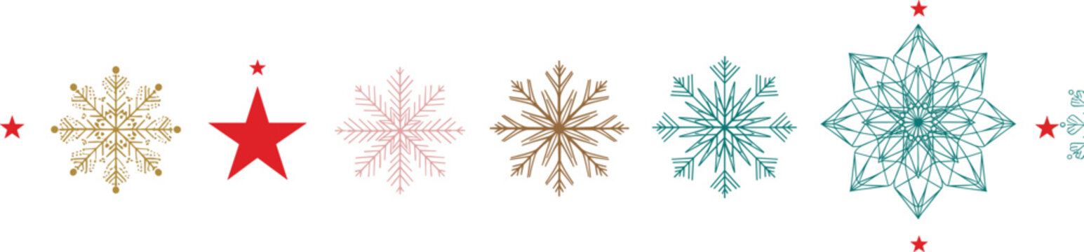 Christmas snowflake border clipart with winter stars, decorative holiday dividers, festive seamless patterns, seasonal line separators, and ornamental designs