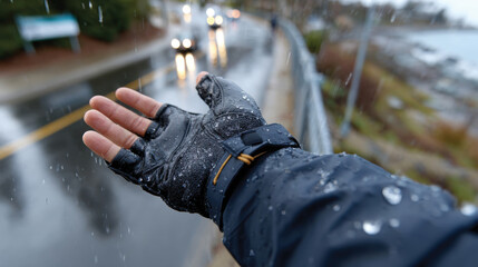 A close-up of a hand wearing a protective glove reaches toward falling rain, capturing the sensation of water drops, marrying natural elements with urban experiences beautifully.