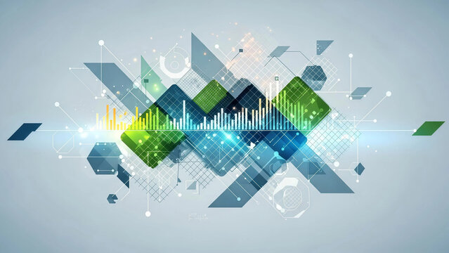 Vibrant infographic with dynamic graphs and geometric shapes - Powered by Adobe