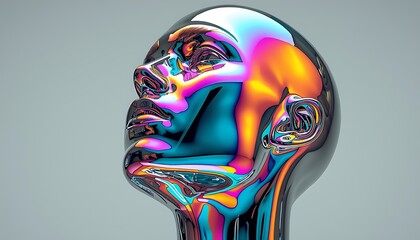 Futuristic Human Head Sculpture with Iridescent Metallic Surface