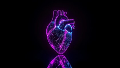 Neon Wireframe Human Heart with Digital Connectivity Lines