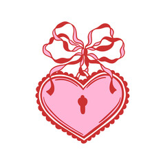 Pink heart shaped lock with lace edges and ribbon bow. Hand drawn vector illustration with red outline. Love, romance, and Valentine's Day concept. Design for greeting card, invitation, poster, banner