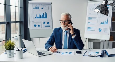 Focused Financial Expertise: A seasoned financial expert, immersed in data analysis, communicates vital information through a phone call within a modern office setting.