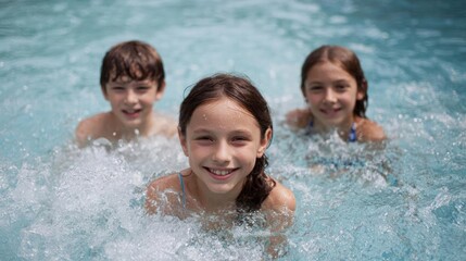 Three young children, two boys and a girl, in a swimming pool. they are all smiling and appear to be enjoying themselves.