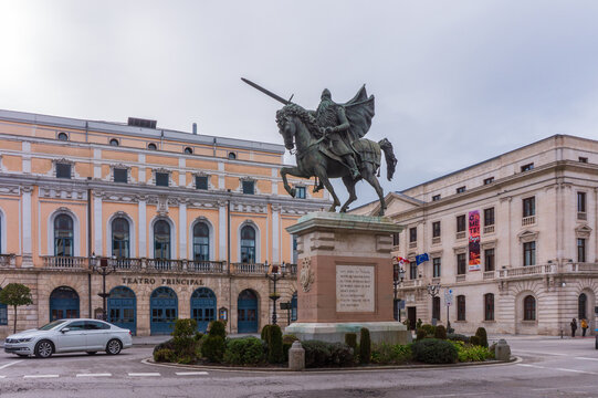 Burgos, Spain -MARZ 26, 2025: View of the Plaza del Mio Cid in Burgos, with the imposing Equestrian Statue of Cid Campeador