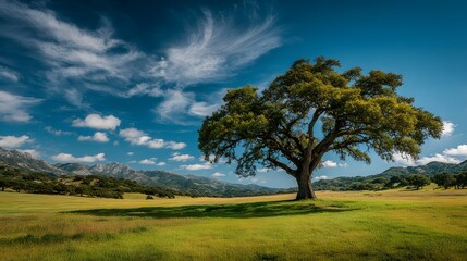 Fototapeta premium Majestic solitary oak tree stands in a lush green meadow under a vibrant blue sky with wispy clouds and bright mid-day sun in a landscape.