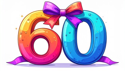 Number 60 wrapped with a festive ribbon on a white background. Image for birthday or anniversary party