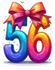 Number 56 wrapped with a festive ribbon on a white background. Image for birthday or anniversary party