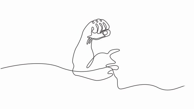 Animated self drawing of Arm shows bicep fist. Continuous one line vector, Man shows bicep fist hand continuous line drawing, Full-length one-line animation.