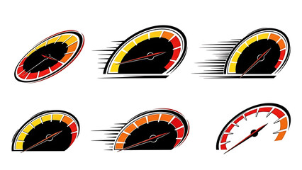Speedometer gauges showing various speeds and motion
