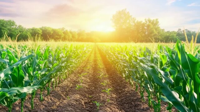 Golden Cornfield's Embrace: Rows of lush green corn plants stretch towards the sun, bathing the field in warm light and highlighting the vibrant colors of nature's bounty.