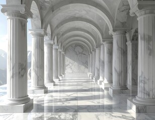 Marble colonnade hallway with mountain view. Arches cast shadows on polished floor. Light beams illuminate the space