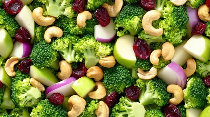 Delicious Salad Delight: A vibrant assortment of wholesome ingredients, including broccoli, cashews, cranberries, and apples, artfully arranged to showcase a healthy and appetizing culinary creation.
