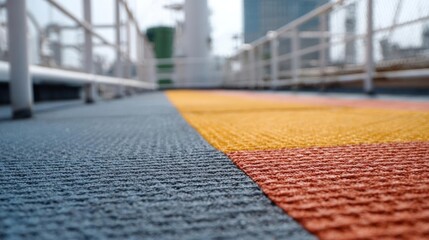 Close-up of a colorful striped carpet on a walkway. the carpet is made up of three colors - blue, orange, and yellow.