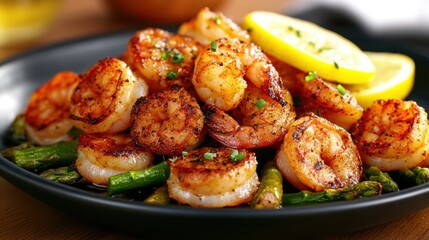 Delicious Grilled Shrimp and Asparagus: A plate of succulent, grilled shrimp and asparagus, complemented by a zesty lemon, offering a tantalizing gourmet experience.